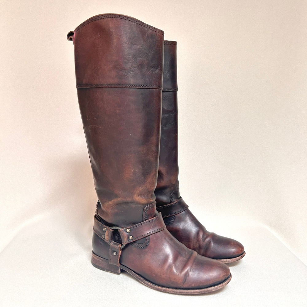 Frye Melissa Harness Boots Womens 7.5B Brown Leather Tall Riding 76929